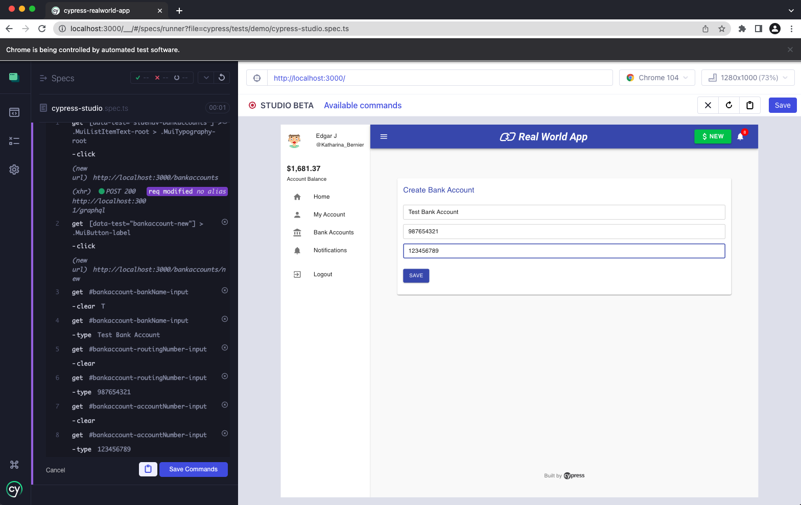 Cypress Studio Add Test Complete Bank Account Form
