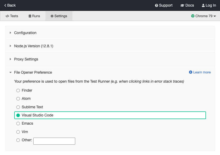 screenshot of Cypress test-runner settings tab with file opener preference panel