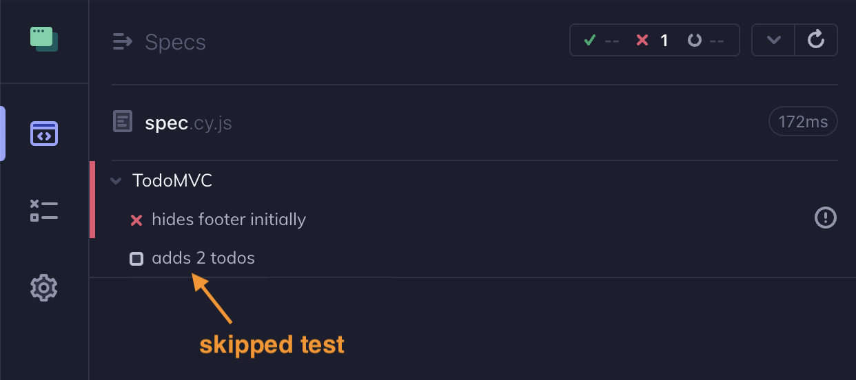 Cypress showing one skipped test